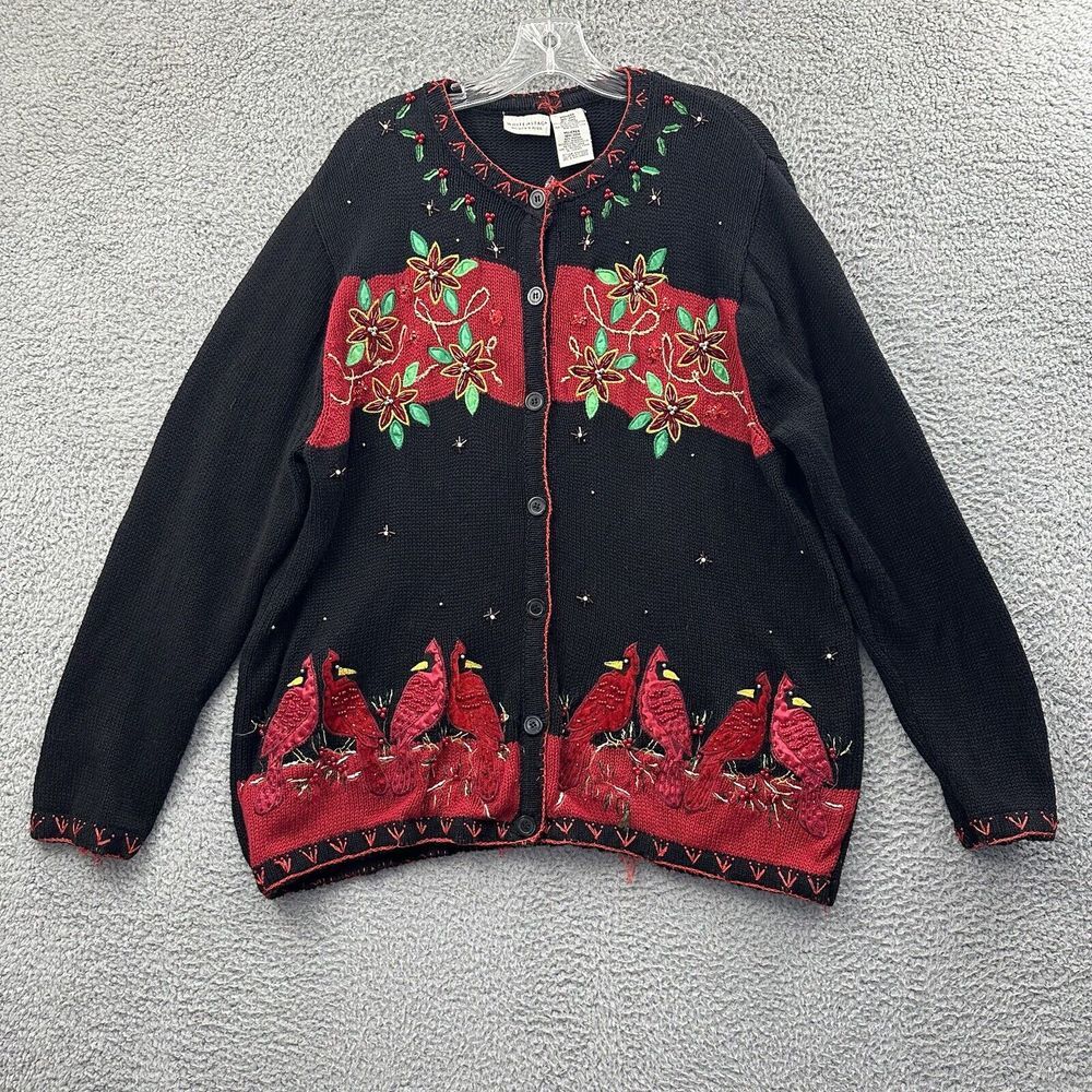 Vintage White Stag Knit Cardigan‎ Sweater Cardinal Embroidered Beaded W 18W 20W
